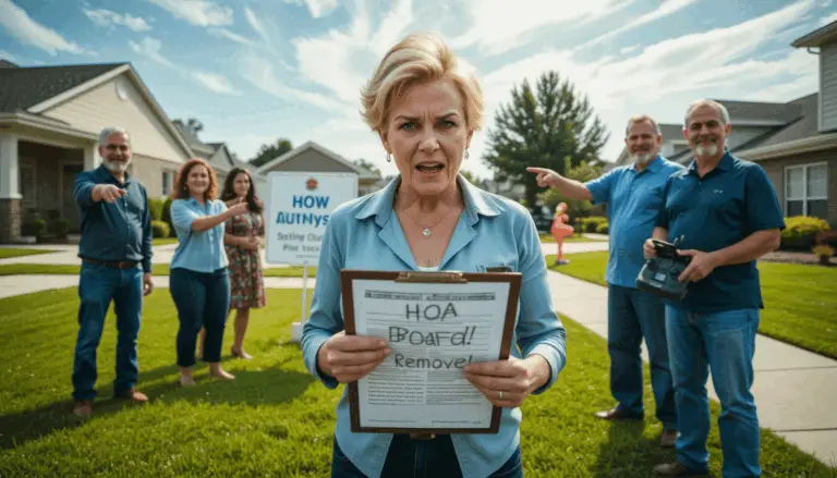 Angry HOA Karen holding a clipboard in a suburban neighborhood while united neighbors celebrate her removal from the board.