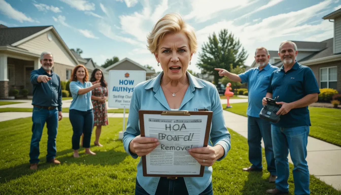 Angry HOA Karen holding a clipboard in a suburban neighborhood while united neighbors celebrate her removal from the board.