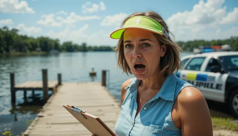Angry HOA Karen standing by a lake, holding a clipboard, with a police car in the background, looking shocked and frustrated.